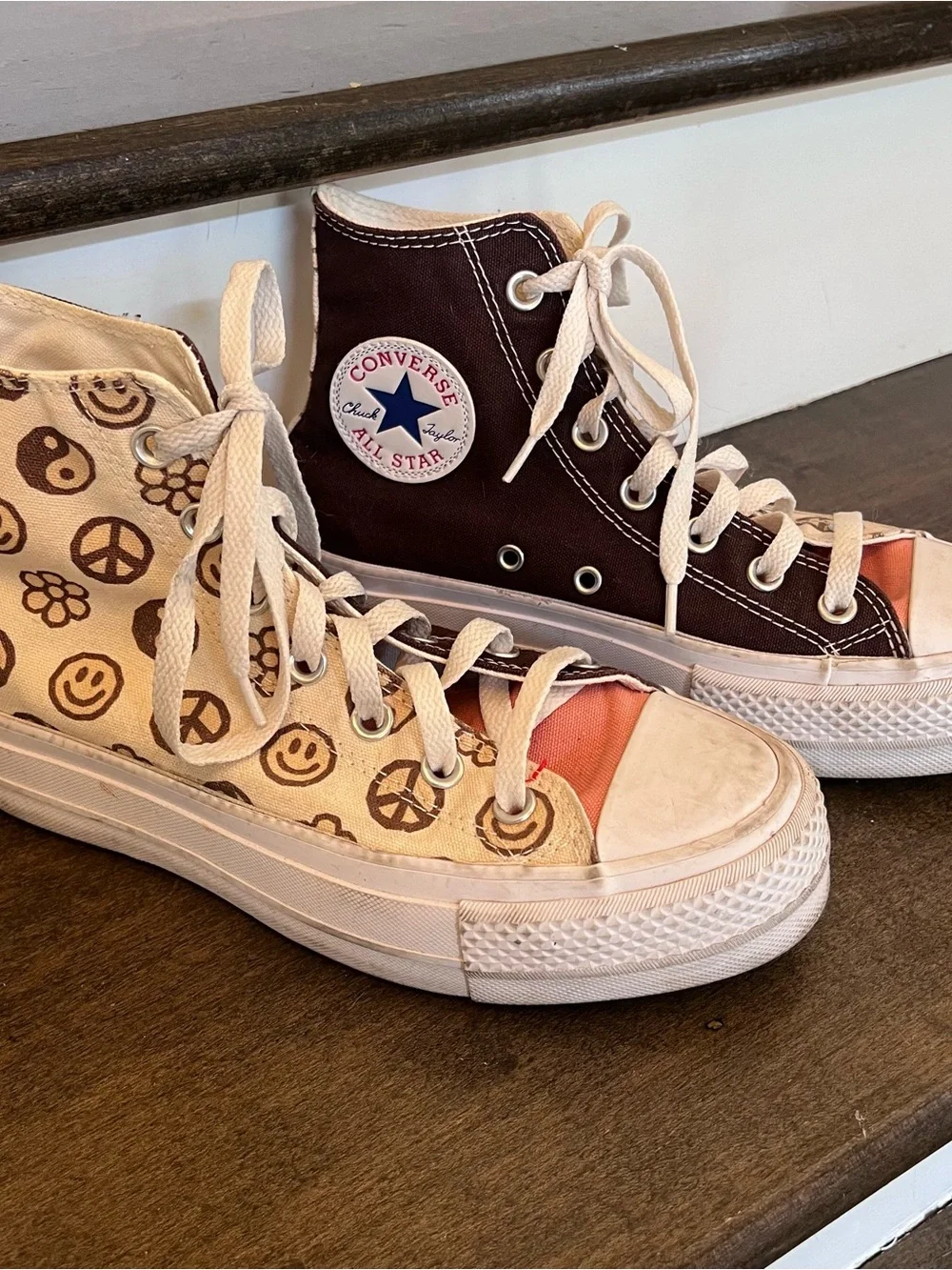 Converse High-Top Sneakers in Brown and Cream with Peach Accents
